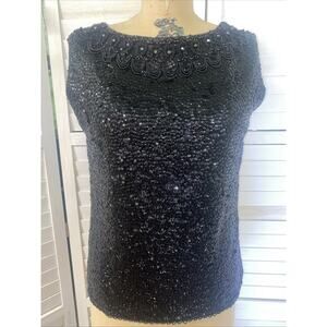 Vintage Beaded Sequin Wool Lined Black Tank Top Sz Large Made In Hong Kong